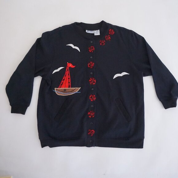 Vintage Blair Black Cotton Cardigan Cardinal Winter Cabincore Grandmacore XL - Picture 1 of 10